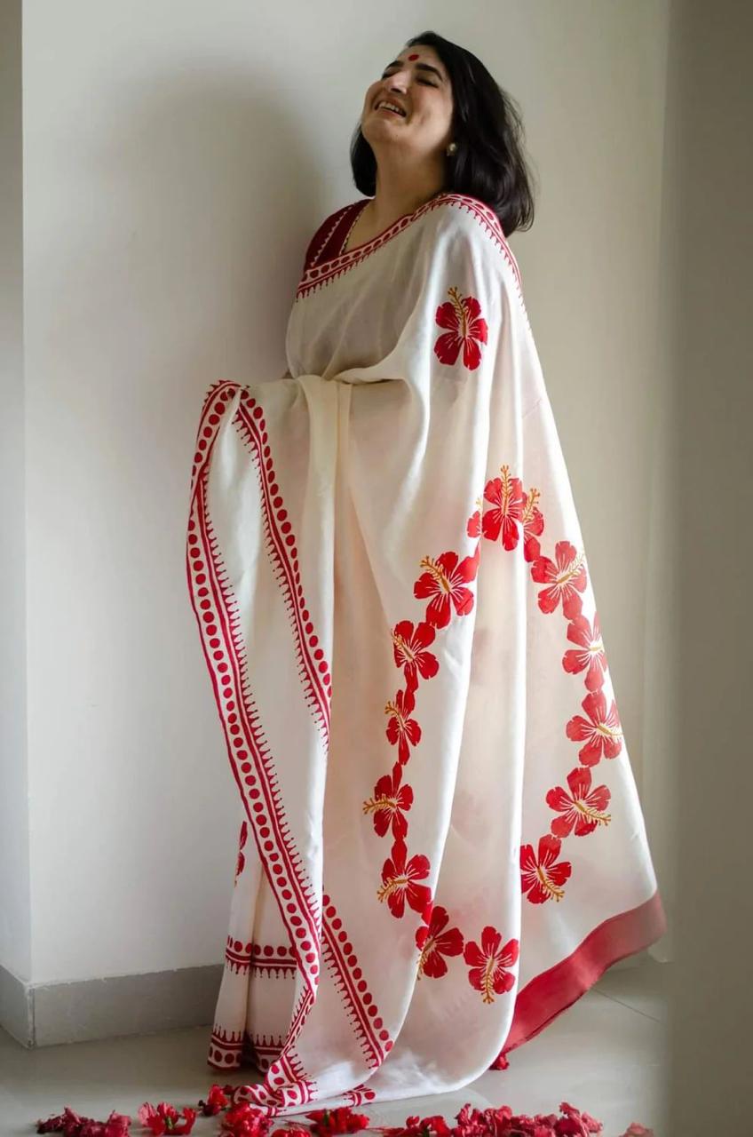 MG 492 White And Red Gold Jari Plain Linen Printed Sarees Wholesale Market In Surat	